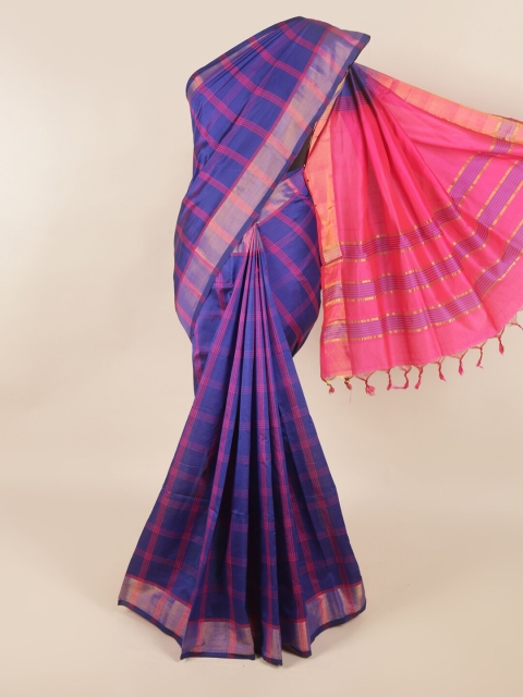 

Pothys Blue & Magenta Checked Zari Silk Cotton Saree