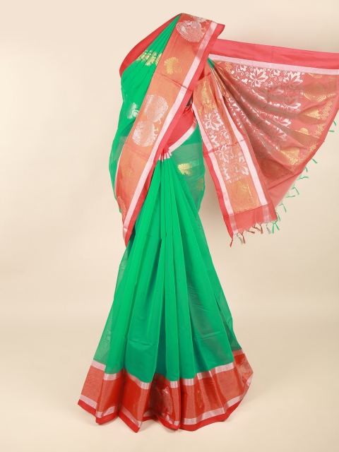 

Pothys Green & Red Ethnic Motifs Zari Silk Cotton Saree