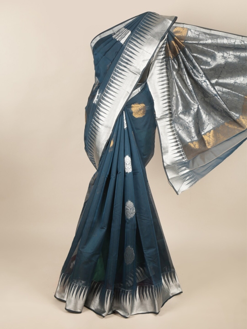 

Pothys Blue & Silver-Toned Woven Design Zari Silk Cotton Saree