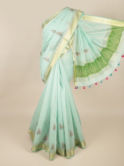 

Pothys Blue Floral Embroidered Silk Cotton Saree