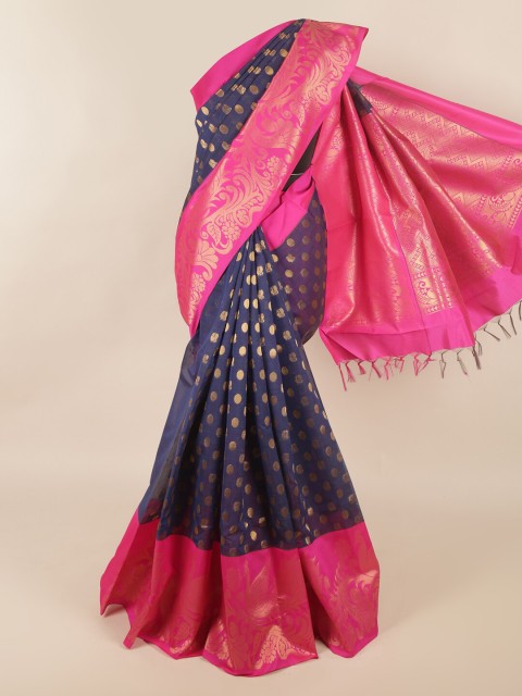 

Pothys Navy Blue & Pink Ethnic Motifs Zari Silk Cotton Saree