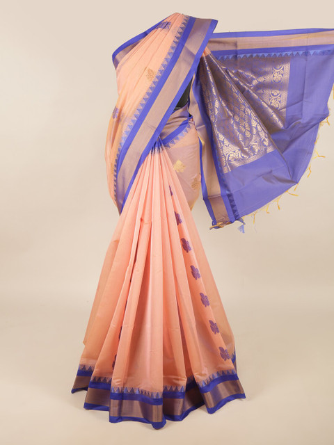 

Pothys Peach-Coloured & Blue Floral Zari Silk Cotton Saree