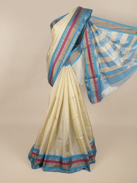 

Pothys Cream-Coloured & Blue Striped Silk Cotton Saree