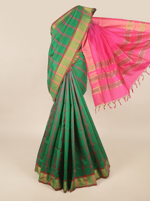 

Pothys Green Checked Zari Silk Cotton Saree
