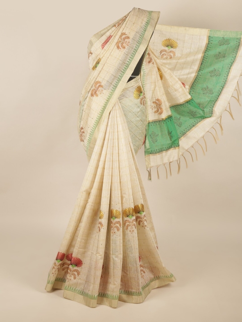 

Pothys Cream-Coloured & Green Floral Silk Cotton Saree