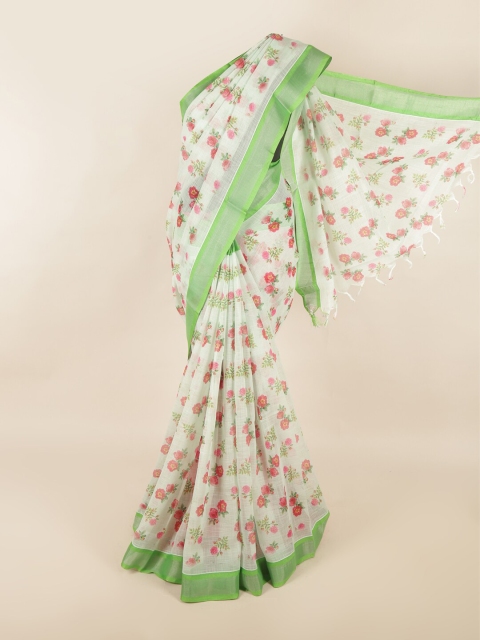 

Pothys White & Green Floral Printed Silk Cotton Saree