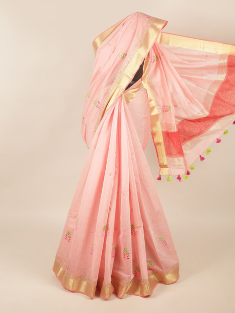 

Pothys Pink & Gold-Toned Floral Zari Silk Cotton Saree