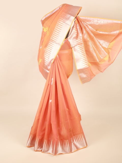 

Pothys Orange & Silver-Toned Woven Design Zari Silk Cotton Saree