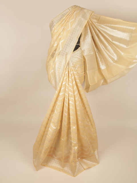 

Pothys Cream-Coloured & Silver-Toned Woven Design Silk Cotton Saree