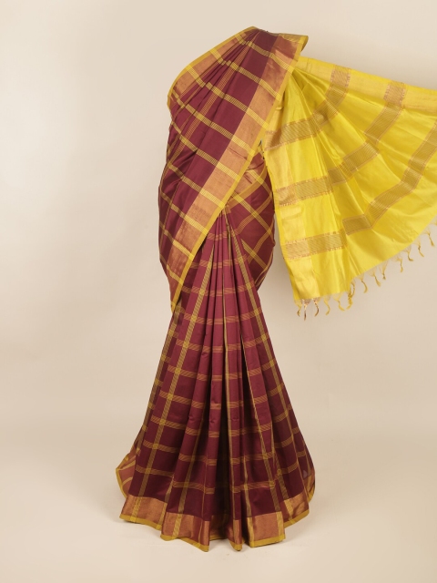 

Pothys Burgundy & Yellow Checked Zari Silk Cotton Saree