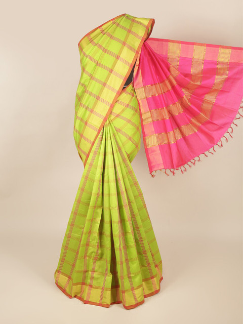 

Pothys Green & Pink Checked Zari Silk Cotton Saree
