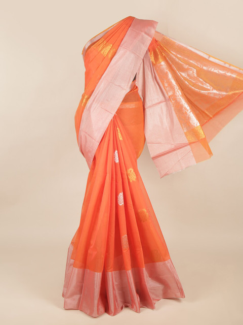 

Pothys Orange & Silver-Toned Woven Design Silk Cotton Saree