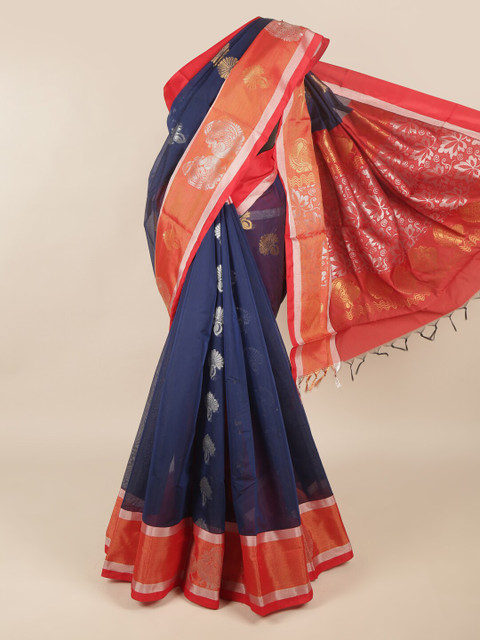 

Pothys Blue & Orange Ethnic Motifs Zari Silk Cotton Saree