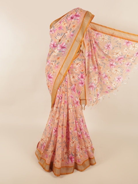 

Pothys Peach-Coloured & Pink Floral Zari Silk Cotton Saree