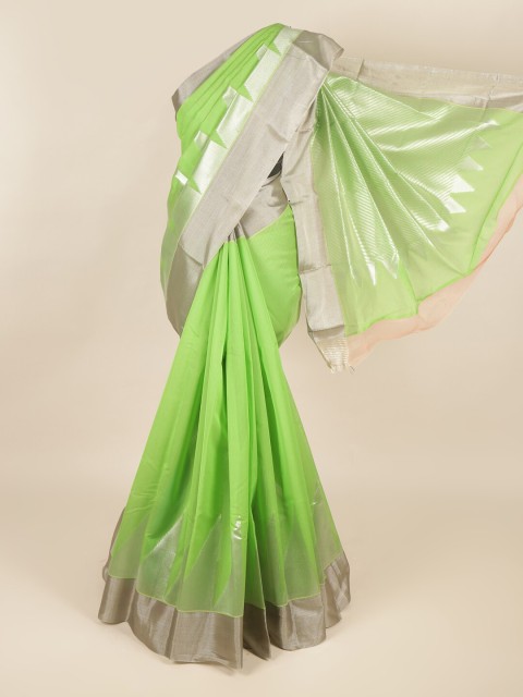 

Pothys Green & Silver-Toned Woven Design Silk Cotton Saree