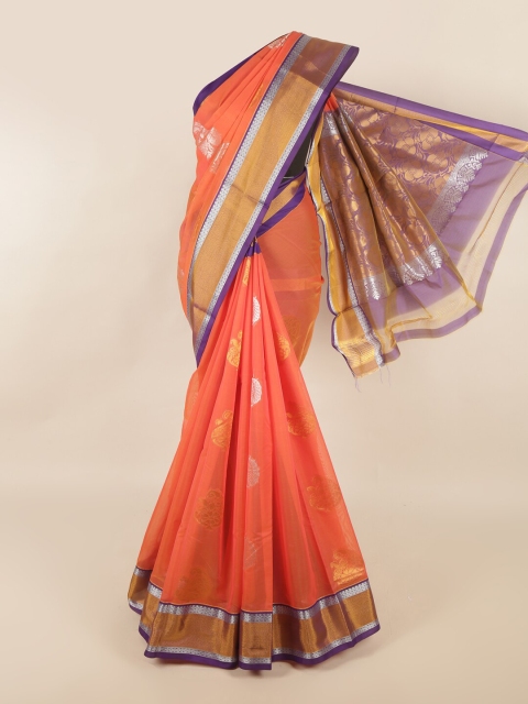 

Pothys Peach-Coloured & Blue Ethnic Motifs Zari Silk Cotton Saree