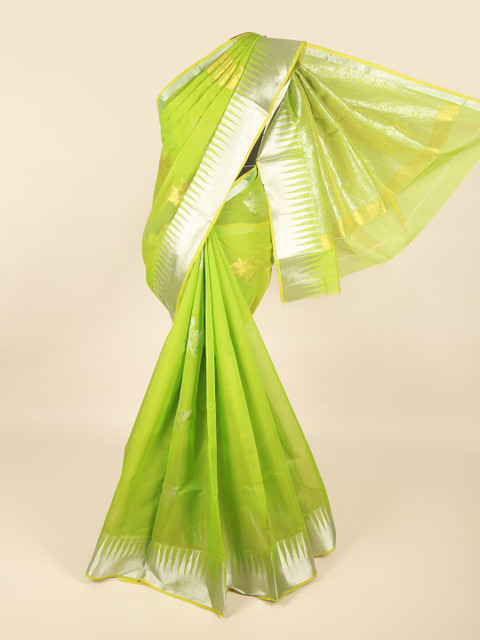 

Pothys Green & Silver-Toned Floral Zari Silk Cotton Saree