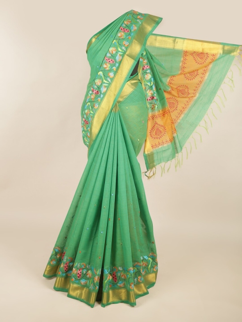 

Pothys Green & Gold-Toned Floral Silk Cotton Saree