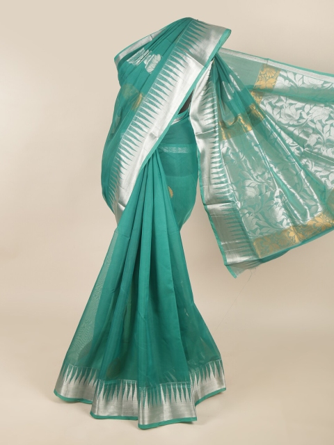 

Pothys Green & Silver-Toned Woven Design Silk Cotton Saree