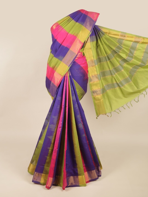 

Pothys Green & Pink Striped Zari Silk Cotton Saree
