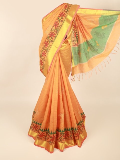 

Pothys Orange & Green Floral Silk Cotton Saree