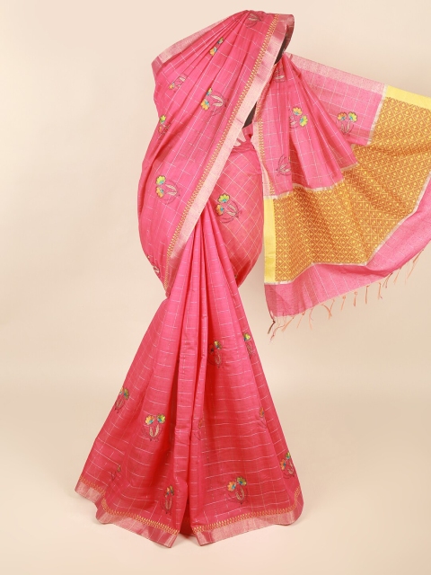 

Pothys Green & Pink Floral Embroidered Silk Cotton Saree