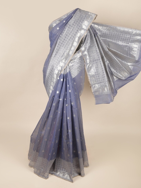 

Pothys Blue & Silver-Toned Paisley Zari Silk Cotton Saree