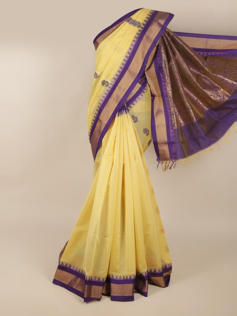 

Pothys Cream-Coloured & Purple Floral Zari Silk Cotton Saree