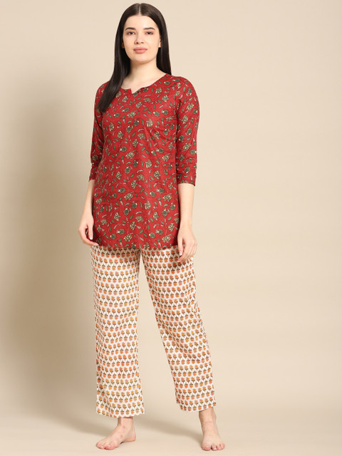 

Prakrti Women Maroon & Cream-Coloured Pure Cotton Printed Night suit