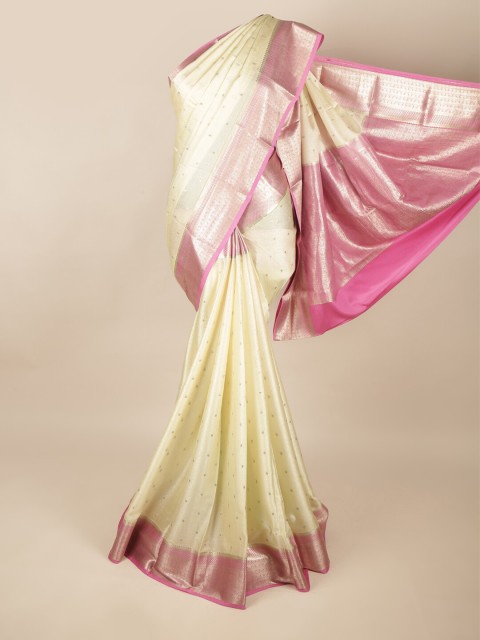 

Pothys Cream-Coloured & Pink Ethnic Motifs Pure Silk Saree
