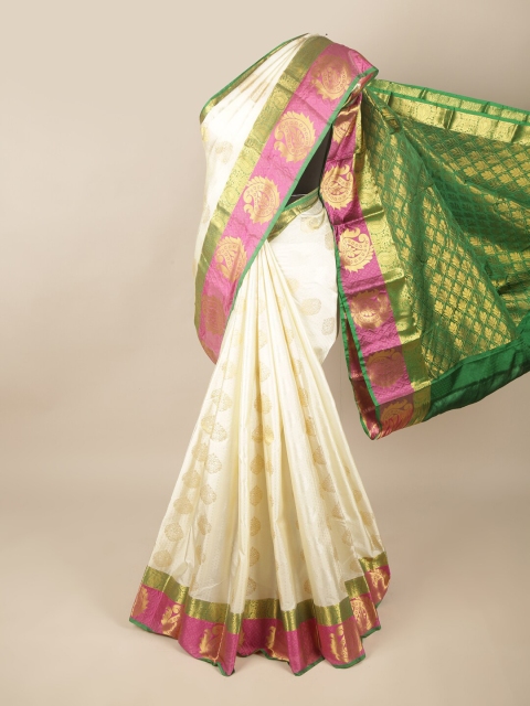 

Pothys Cream-Coloured & Green Woven Design Zari Pure Silk Saree