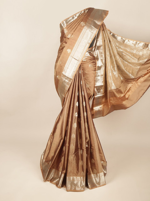 

Pothys Tan & Silver-Toned Ethnic Motifs Pure Silk Saree