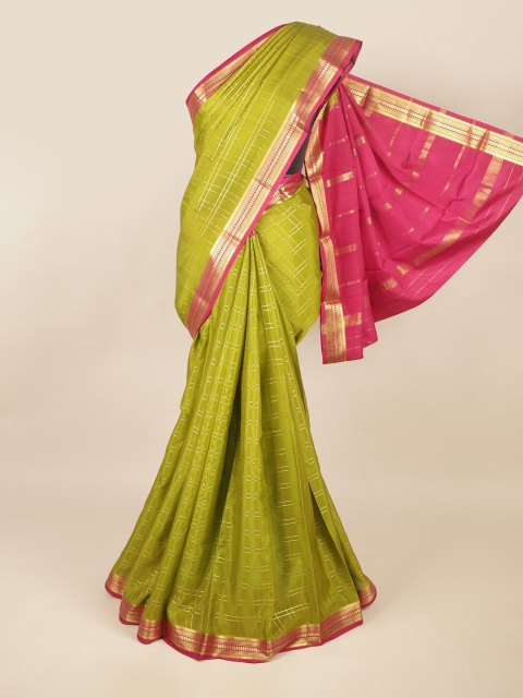 

Pothys Olive Green & Magenta Checked Zari Art Silk Saree