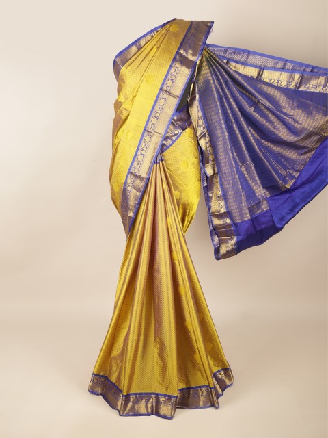 

Pothys Gold-Toned & Blue Floral Zari Pure Silk Saree