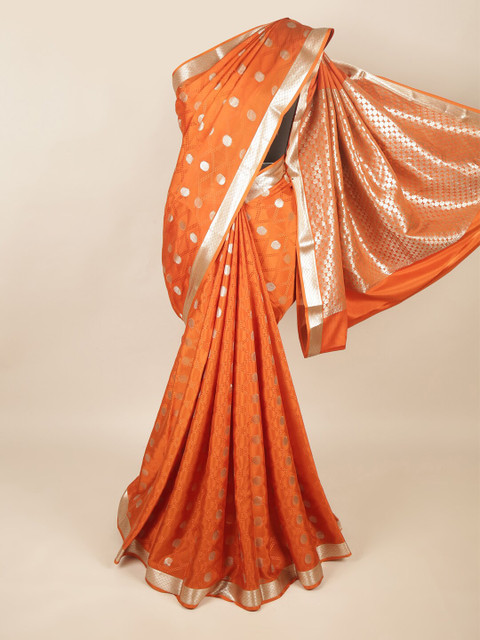 

Pothys Orange & Silver-Toned Woven Design Art Silk Saree