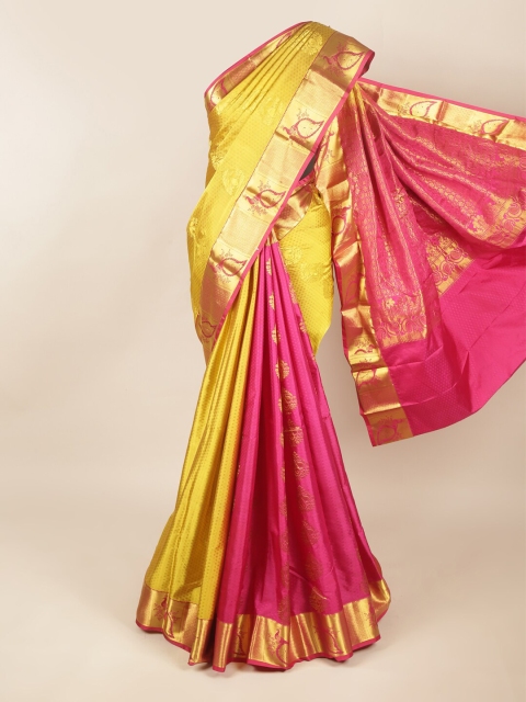 

Pothys Mustard Yellow & Fuchsia Pink Ethnic Motifs Zari Pure Silk Saree