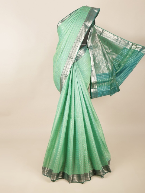 

Pothys Green & Silver-Toned Checked Zari Pure Silk Saree