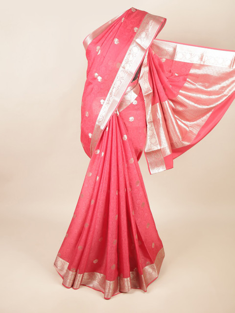 

Pothys Pink & Silver-Toned Floral Zari Art Silk Saree