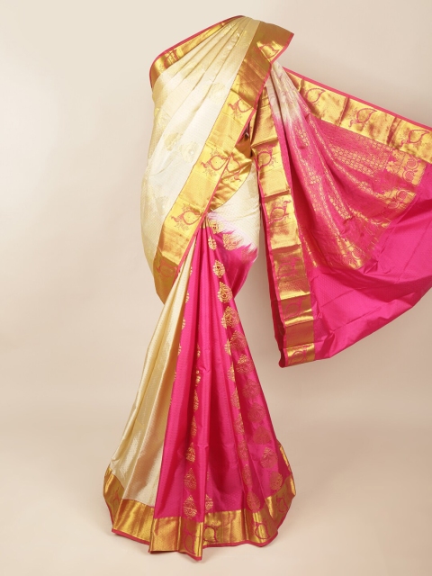 

Pothys Cream-Coloured & Pink Woven Design Pure Silk Saree