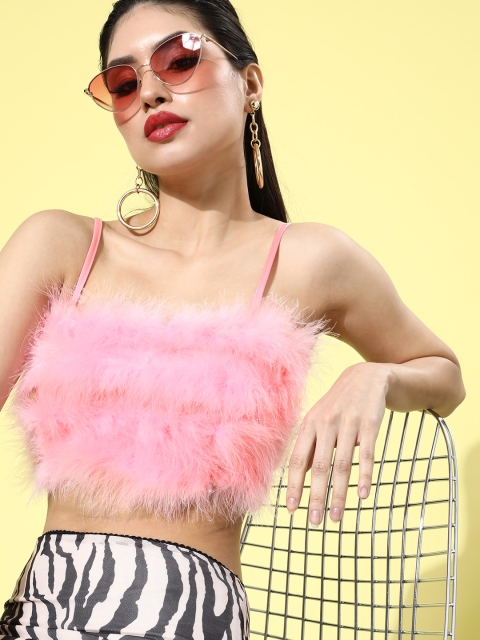 

iki chic Women Pretty Pink Solid Faux Fur Top