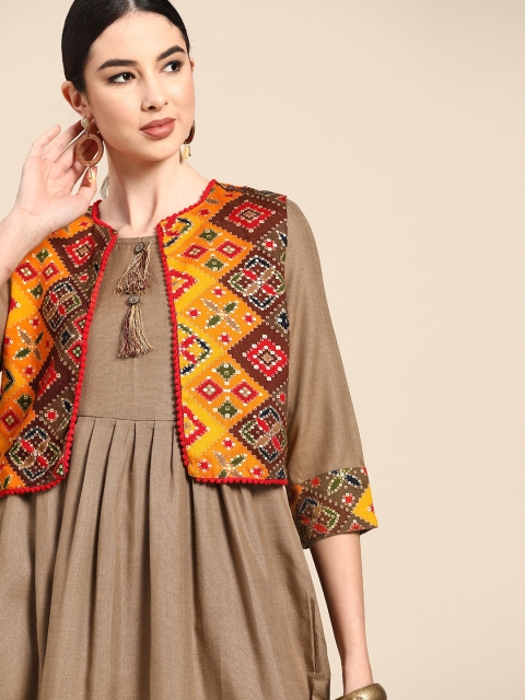 

Anouk Brown & Mustard Yellow Bandhani Foil Print Midi Fit & Flare Dress with Ethnic Jacket