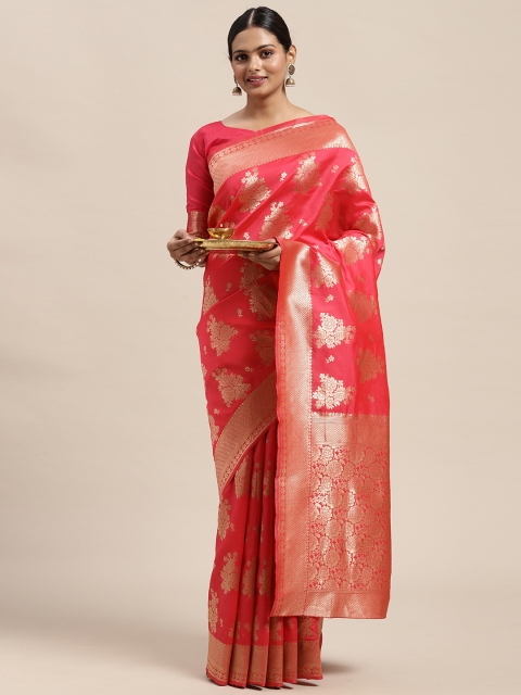 

Saree mall Coral Pink Floral Silk Blend Banarasi Saree