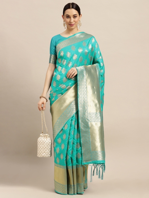 

Saree mall Turquoise Blue Floral Silk Blend Banarasi Saree