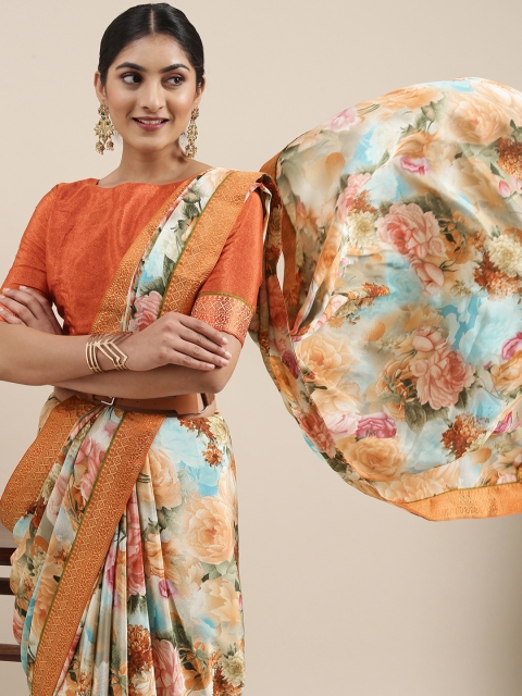 

Mitera Green & Cream-Coloured Floral Pure Crepe Saree