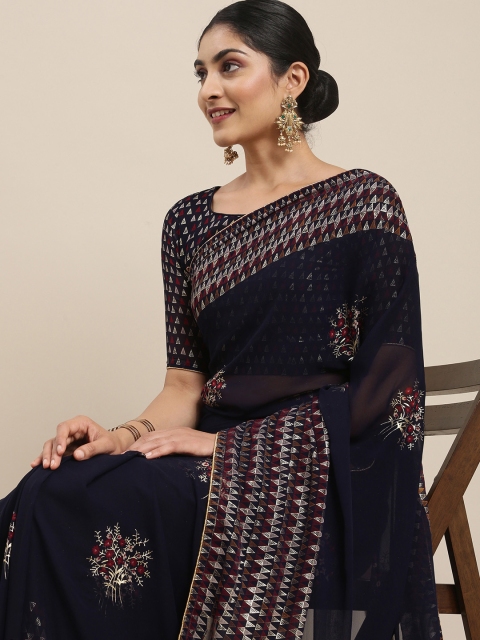 

Mitera Navy Blue Floral Foil Printed Pure Georgette Saree