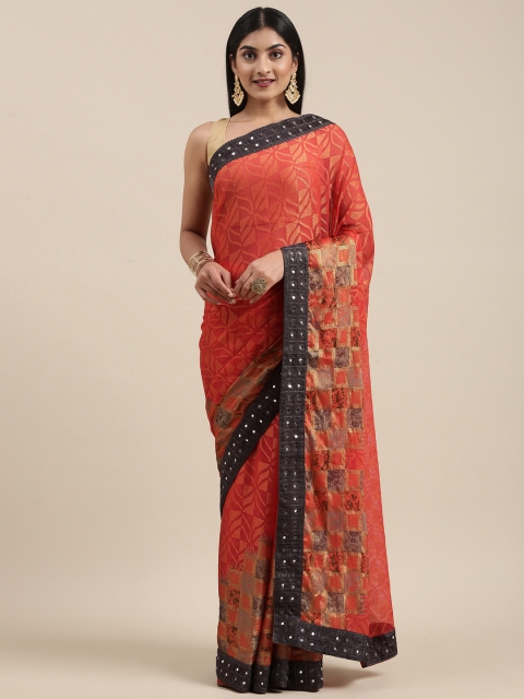 

Mitera Peach-Coloured Mirror Work Brasso Saree