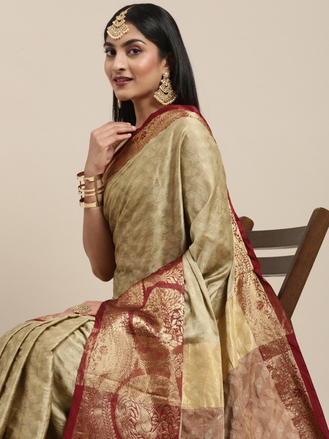 

Mitera Beige Ethnic Motifs Silk Cotton Banarasi Saree