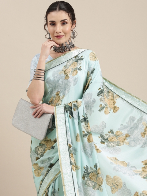 

Mitera Turquoise Blue Floral Pure Crepe Saree