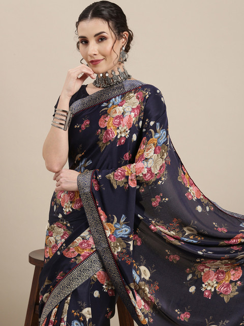 

Mitera Navy Blue Floral Pure Crepe Saree