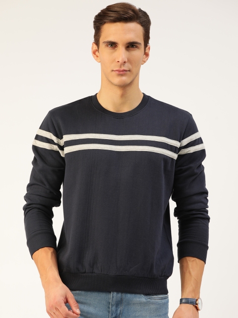 

GESPO Men Navy Blue & White Striped Sweatshirt